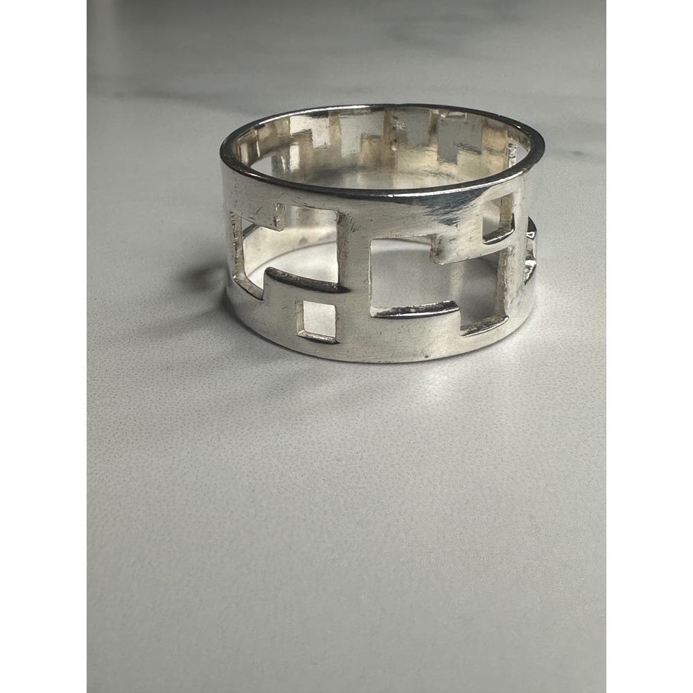 Sterling Silver Geometric Cutout Wide Band Ring Size 9 Modernist Statement